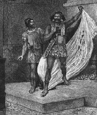 Vue d'artiste de Mathos (à droite) accompagné de Spendios (à gauche), illustrant le roman Salammbô de Gustave Flaubert. Gravure de Poirson pour une réédition en 1890