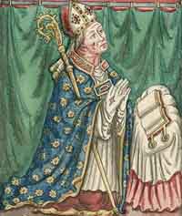 Aquarelle d'un vitrail de l'église du monastère des Célestins de Marcoussis représentant Gérard de Montaigu ou Montagu Évêque de Poitiers de 1403 à 1409-Évêque de Paris en 1409. Source : wiki/Gérard de Montaigu/ domaine public