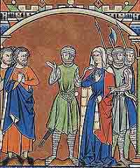 Illustration de la Bible Maciejowski, feuillet 37, la 3ème image, Abner (au centre en vert) renvoie Michal à David. Palti est représenté à gauche. Source : wiki en anglais/ Palti son of Laish/ domaine public