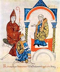 Le roi des Romains Henri IV agenouillé devant Mathilde de Toscane en présence du Pape Grégoire VII qui l'a excommunié, miniature d'Hugues de Cluny (xiie siècle).