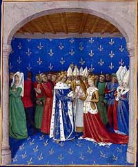 Le mariage de Charles IV le Bel et de Marie de Luxembourg. Miniature tirée des Grandes Chroniques de France enluminées par Jean Fouquet, vers 1455-1460. source : wiki/ Marie de Luxembourg (1305-1324)/domaine public