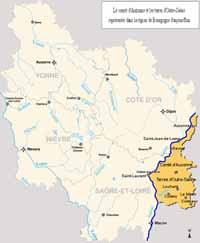 Localisation du Comté d'Auxonne et terres d'Outre-Saône dans l'actuelle région Bourgogne. Source : wiki/Comté d'Auxonne/ licence : CC BY-SA 3.0