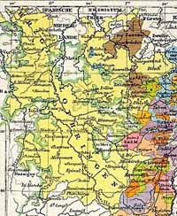 Le duché de Lorraine (en jaune), pendant la période 1618-1648.