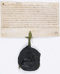 Confirmation d'une vente de bois à l'abbaye de Saint-Denis par le comte de Champagne et le roi de Navarre Thibaut IV Le Chansonnier. Coulommiers, juillet 1247. Archives nationales de France.