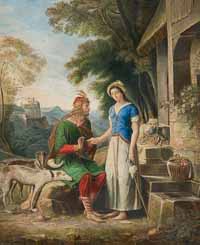 Caribert offrant l'anneau royal à Théodechilde, 1824, peinture de J. D. Lascours d'après un original de Jean-Antoine Laurent présenté au Salon de 1819. Source : wiki/ Théodechilde (épouse de Caribert Ier)/ domaine public