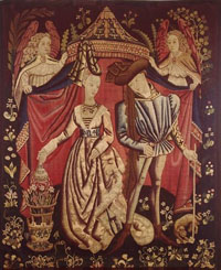 Tapisserie figurant deux personnages sous un dais, vers 1460-1465, (Paris, musée des Arts décoratifs). Le couple passait pour représenter le duc Charles d'Orléans et Marie de Clèves ( Guide illustré du Musée des arts décoratifs , 1923 ; Raimond Van Marle, Iconographie de l'art profane au Moyen-âge et à la Renaissance, et la décoration des demeures La vie quotidienne , 1931-1932).