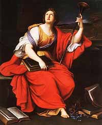 Clio tableau peint par Pierre Mignard en 1689 (Musée des Beaux-Arts de Budapest). Source : wiki/ Clio/ domaine public