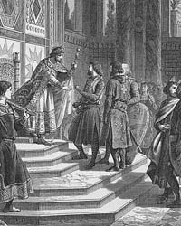 Godefroy de Bouillon et des barons dans le palais impérial d'Alexis 1er Comnène.
