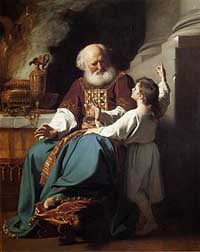 Peinture représentant Samuel lisant à Éli les jugements de Dieu sur la maison d'Éli (peint par John Singleton Copley en 1780)) (Wadsworth Atheneum à Hartford capitale de l'État du Connecticut). source : wiki/Éli (juge d'Israël)/ domaine public