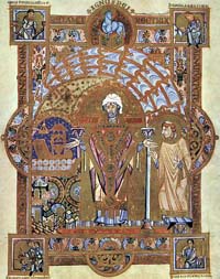 Saint Erhard lisant la messe ; enluminure du Codex Uta, l'un des plus beaux codex ottoniens (Bibliothèque de l'État de Bavière).