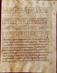 Des passages de l'histoire de Renatus Profuturus Frigeridus ont survécu dans l'œuvre historique de, Histoire des Francsde Grégoire de Tours (page de frontispice. Luxeuil ou Corbie, fin du viie siècle. BnF, Manuscrits, Latin)