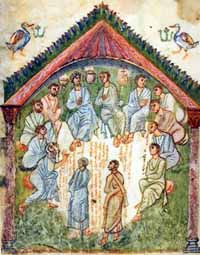 Evangiles de Rabula. Le rassemblement des apôtres pour l'élection d'un douzième témoin à la place de Judas.