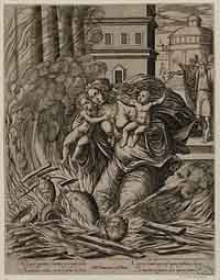 La femme d'Asdrubal se jetant avec ses deux enfants dans le bûcher. Gravure au burin sur papier vergé. Par Pierre Woeiriot (Bibliothèque-médiathèque de Nancy)