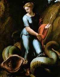 Sainte Marguerite par Giulio Romano (Musée d'Histoire de l'art de Vienne ). Source : wiki/ Marguerite d'Antioche/ domaine public