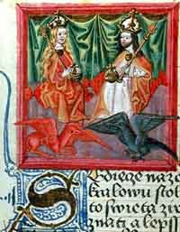 Charles IV du Saint Empire et sa premiere femme, Blanche de Valois du Saint Empire et sa premiere femme, Blanche de Valois. Source : wiki/Blanche de Valois/ domaine public/ L'image est tirée d'un manuscrit de l'autobiographie de Charles IV, daté de 1475, conservé à : Österreichische Nationalbibliothek