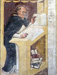 Fresque représentant Raymond de Peñafort de la salle capitulaire des dominicains du couvent Saint-Nicolas de Trévise, Italie. Source : wiki/Raymond de Peñafort/ Auteur Risorto Celebrano