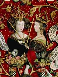 Gertrude de Saxe (à gauche) et Théodora Comnène, les deux épouses d'Henri II Jasomirgott ; détail de l'arbre généalogique des Babenberg, abbaye de Klosterneuburg. Source : wiki/ Gertrude de Saxe (1115-1143)/ domaine public