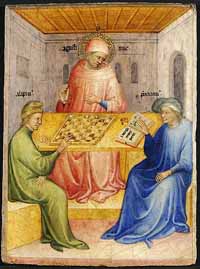 Nicolo di Pietro. Saint Augustin et Alypius reçoivent la visite de Ponticianus 1413-15 Musée des Beaux-Arts, Lyon. Source : wiki/Alypius de Thagaste/ Domaine public