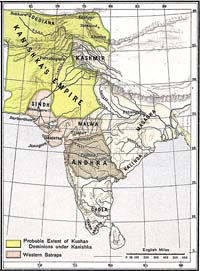 Une carte de l'Inde au IIe siècle montrant l'étendue de l'empire Kushan (en jaune) pendant le règne de Kanishka.