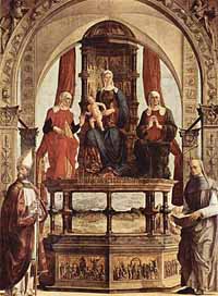 Tableau de Ercole de' Roberti représentant Saint Pierre Damien (à gauche) avec Sainte Anne et Sainte Élisabeth ( Galerie d'art de Brera à Milan) . Source : wiki/ Pierre Damien/ Domaine public