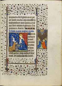 Marguerite de Bretagne en prière devant la Vierge, vers 1455, Livre d'heures d'Isabelle Stuart. (Fitzwilliam Museum musée d'art et d'antiquités de l'Université de Cambridge). Source : wiki/Marguerite de Bretagne/ domaine public