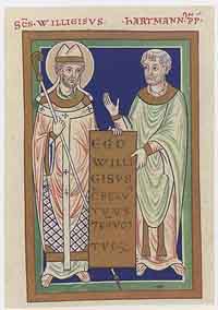 Enluminure du 12ème siècle représentant Willigis de Mayence dit Saint Willigis Archevêque de Mayence (Bibliothèque d'État de Russie). 