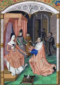 Yolande de France duchesse de Savoie (à gauche) recevant du théologien Guillaume Fichet un exemplaire de son ouvrage Rhetorica, 1471 (collection Fondation Martin Bodmer à Cologny en Suisse). 