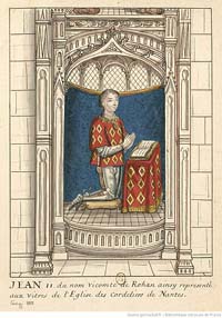 Jean II de Rohan sur un vitrail de l'église des Cordeliers de Nantes. Source : wiki/ Jean II de Rohan/ domaine public