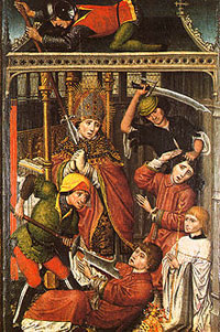 Le martyre de saint Lambert représenté sur un panneau peint du 15ème siècle (Musée d'art religieux et d'art mosan, Lìege)