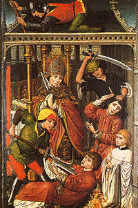 Le martyre de saint Lambert représenté sur un panneau peint du 15ème siècle (Musée d'art religieux et d'art mosan, Lìege) Le martyre de saint Lambert représenté sur un panneau peint du 15ème siècle (Musée d'art religieux et d'art mosan, Lìege)