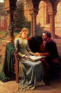 Abélard et son élève Héloïse peints par E. B. Leighton en 1882 dans un cloître Notre-Dame anachronique. Héloïse est habillée d'une cotte hardie, robe moulante au plus près du corps pour ne rien cacher de la féminité, que la cour carolingienne avait mise en faveur. Source : wiki/Héloïse (abbesse)/ domaine public