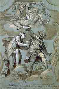 Pandore offrant la jarre à Épiméthée (xvie siècle). Source : wiki/ Épiméthée/ domaine public