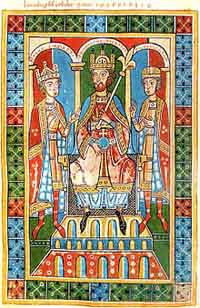 L'empereur Frédéric Barberousse, au milieu, ayant à ses côtés ses deux fils, le roi Henri VI (à gauche) et le duc Frédéric VI (à droite). (Illustration médiévale de la Chronique des Guelfes (Abbaye de Weingarten, 1179-1191). Source : wiki/Frédéric Barberousse/ domaine public