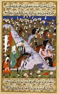 La bataille de Uhud, peinture du Siyar-i Nabi, vers 1595. (source wiki/ Bataille de Uhud/ domaine public)