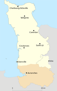 Carte localisant le Cotentin et l'Avranchin dans le département de la Manche (source : Augusta 89)