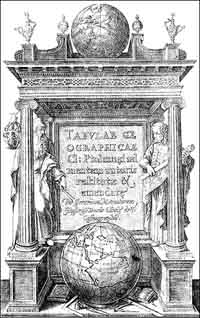 Couverture pour « Tabulae geographica » (1578), œuvre de Ptolémée. Ptolémée et Marin de Tyr sont représentés, très probablement dans cet ordre. Ce livre a été édité par Gérard Mercator en 1578. Source : wiki/ Marinos de Tyr/ domaine public