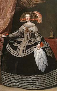 Portrait de la reine Marie-Anne, par Diego Vélasquez, en 1652, huile sur toile, 231 x 131 cm (Musée du Prado). Source : wiki/Marie-Anne d'Autriche (1634-1696)/ domaine public