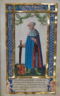 Portrait de Welf VI, dans Weingartener Stifterbüchlein, ca. 1500 (Württembergische Landesbibliothek), Cod. hist. Q 584, fol. 38v.