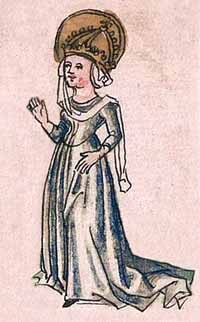 Illustration dans la chronique monastique de Kempten (vers 1499) représentant Hildegarde de Souabe (ou de Vintzgau). Source :wiki/ Hildegarde de Vintzgau/ domaine public