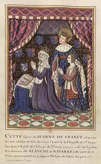 Blanche de Navarre et sa fille Jeanne en prière devant Saint Louis. Aquarelle d'après un vitrail de la cathédrale Notre-Dame d'Évreux, collection Gaignières, Paris, BnF, xviie siècle. Source : Blanche de Navarre (1331-1398)/ domaine public