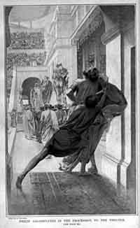 Pausanius assassine Philippe II pendant la procession dans le théâtre par Andre Castaigne. Source : wiki/Pausanias d'Orestide/ domaine public