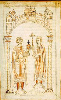 Henri V et son père Henri IV : Abdication de Henri IV en faveur de Henri V extrait de la chronique d'Ekkehard von Aura