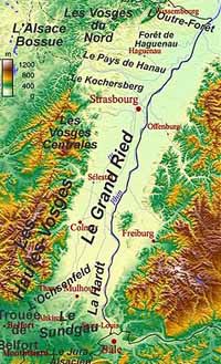 Carte de l'Alsace avec les régions naturelles.