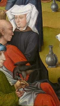 Michelle de France, coiffée d'un hennin blanc. Détail du Triptyque des Miracles de Christ, fin du 15ème siècle.