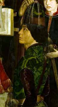 Détail du roi Édouard 1er de Portugal agenouillé (extrait des panneaux de Saint-Vincent, généralement daté d'environ 1470, attribué au peintre Nuno Gonçalves).