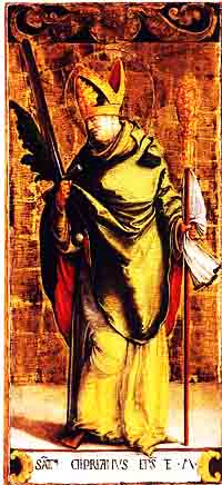 Saint Cyprien par Maître de Messkirch (Staatsgalerie Stuttgart). Source : wiki/Cyprien de Carthage/ domaine public