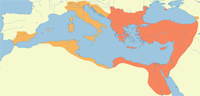 Préfecture du prétoire d'Afrique 534-585. En orange, les territoires conquis par Justinien, dont une large part du littoral de l'Afrique du nord, constituant la nouvelle préfecture du prétoire d'Afrique.