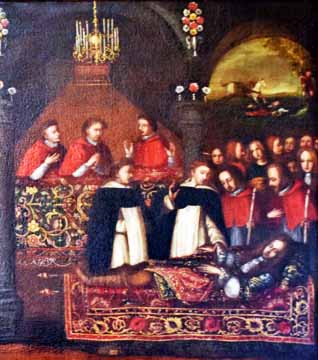 Représentation du 18ème siècle de la mort du prince Afonso, fils et héritier du roi Jean II du Portugal, à Santarém, en 1491 (Le tableau se trouve au Palais national de Sintra, à Sintra, au Portugal.)