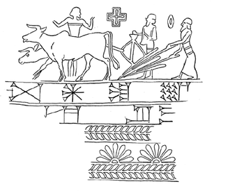 Sceau de la période kassite représentant une équipe de laboureurs conduisant un araire.