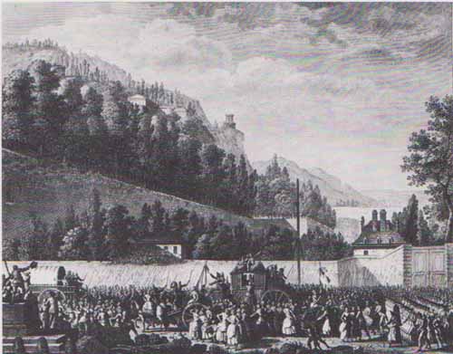 Les dames de la Halle partent chercher le roi à Versailles le 5octobre 1789. Gravure de Berthaut d'après Prieur. Bibliothèque de l'institut d'histoire de la Révolution.